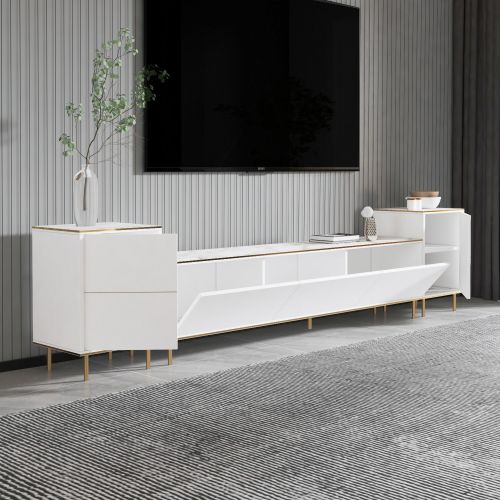 Mobile Porta tv Bianco Bianco Marmo 2 Ripiani 5 Ante 260x35x45h cm, con Finiture oro - Cortin