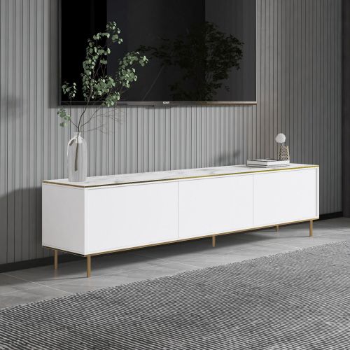Mobile Porta tv Bianco Bianco Marmo 3 Ante con Finiture oro 180x35x45h cm, 3 Vani - Sassello