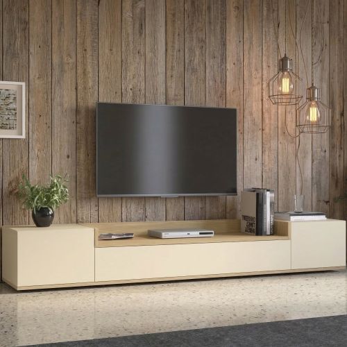 Mobile Porta tv Bianco Cashmere Marrone Rovere Chiaro 3 Ripiani 3 Ante 200x35x30h cm, 4 Vani Made in Italy - Oxanna