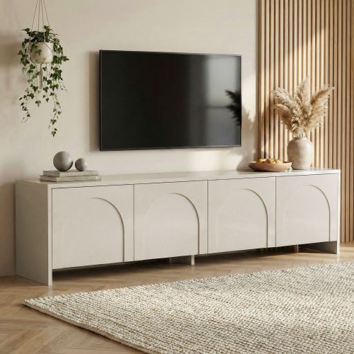 Mobile Porta tv Bianco Crema Apertura a Ribalta 4 Ante 180x32x45h cm, 2 Vani - Noma
