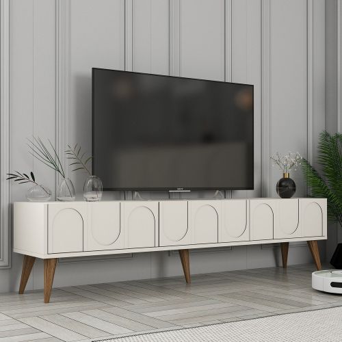Mobile Porta tv Bianco Crema Marrone Noce 3 Ante Apertura a Ribalta 180x35x44h cm, 3 Vani - Scafa