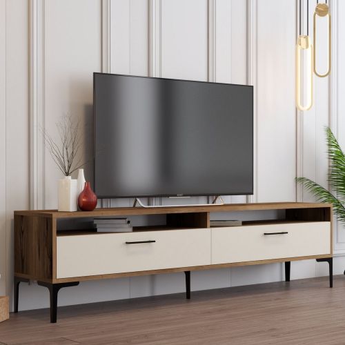 Mobile Porta tv Bianco Crema Marrone Rovere 2 Ripiani 2 Ante 180x47x35h cm, 4 Vani - Cantoira