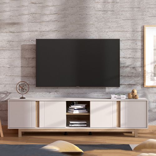 Mobile Porta tv Bianco Crema Marrone Rovere 2 Ripiani 4 Ante 202x40x54h cm, con Piedini - Capaci