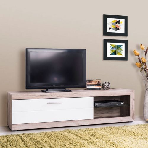 Mobile Porta tv Bianco Crema Marrone Rovere Nodi 2 Ripiani 4 Vani 162x41.5x43.5h cm, Un'anta - Pompu