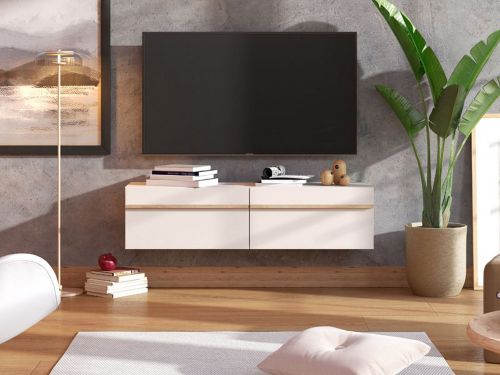 Mobile Porta tv Bianco Crema Marrone Rovere un Ripiano 2 Vani 128x41.5x32h cm, 2 Ante - Sirolo