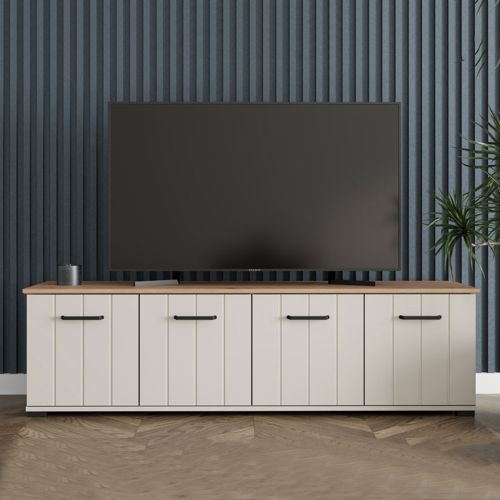 Mobile Porta tv Bianco Crema Marrone Rovere un Ripiano 4 Ante 156x40x44h cm, con Piedini - Erbez