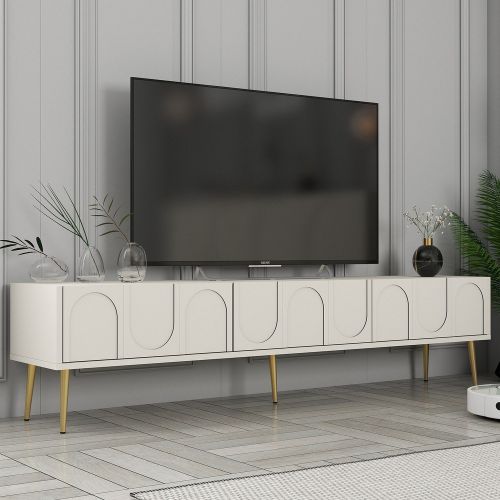 Mobile Porta tv Bianco Crema oro 3 Ante Apertura a Ribalta 180x35x43h cm, 3 Vani - Marnate