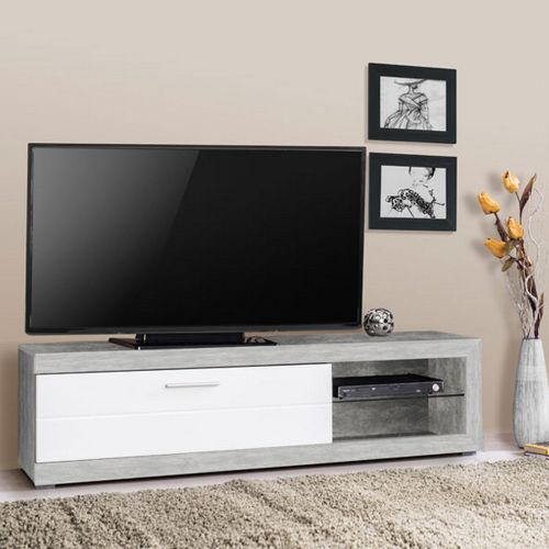 Mobile Porta tv Bianco Grigio Cemento 2 Ripiani Un'anta 162x41.5x43.5h cm, Ripiano in Vetro - Pompu