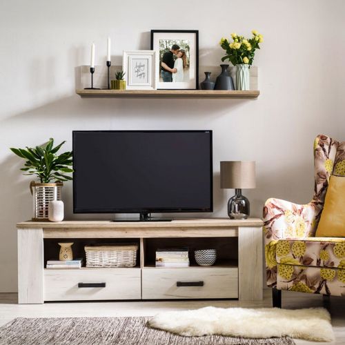 Mobile Porta tv Bianco Larice Marrone Rovere 2 Cassetti 3 Ripiani 151.5x43.5x49.5h cm, 2 Vani - Scorze