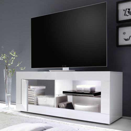 Mobile Porta tv Bianco Lucido 2 Ripiani Apertura Maniglia 140x43x56h cm, 4 Vani Made in Italy - Gambara