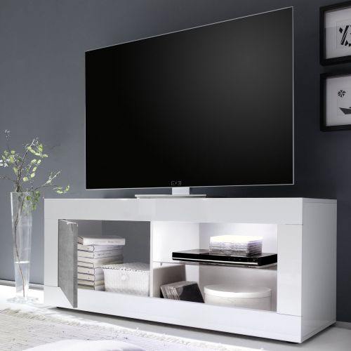 Mobile Porta tv Bianco Lucido 2 Ripiani Apertura Maniglia 140x43x56h cm, 4 Vani Made in Italy - Gambara