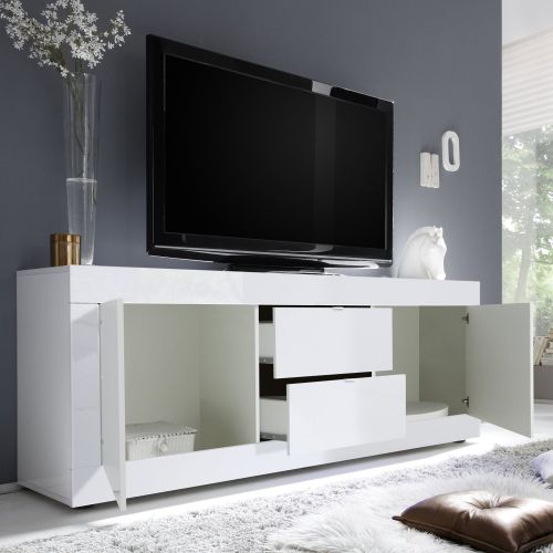 Mobile Porta tv Bianco Lucido 2 Vani Apertura Maniglia 210x43x65h cm, 86 Pollici Made in Italy - Sinello