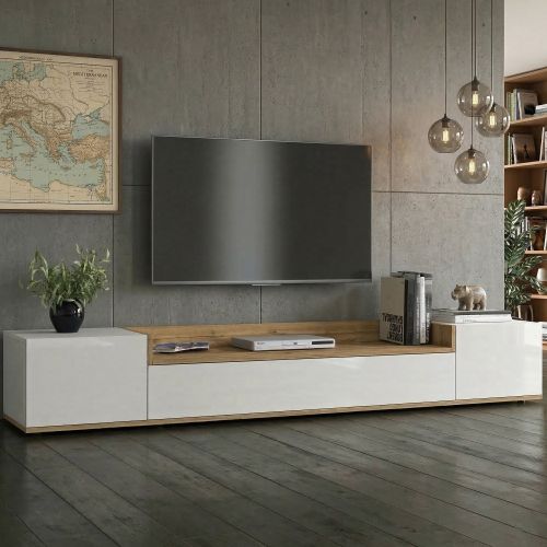 Mobile Porta tv Bianco Lucido Marrone Rovere 3 Ripiani 3 Ante 200x35x30h cm, 4 Vani Made in Italy - Oxanna