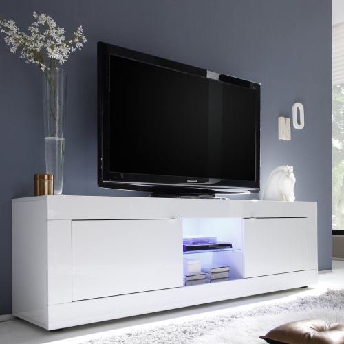 Mobile Porta tv Bianco Lucido un Ripiano Apertura Maniglia 180x43x56h cm, 4 Vani - Massaia