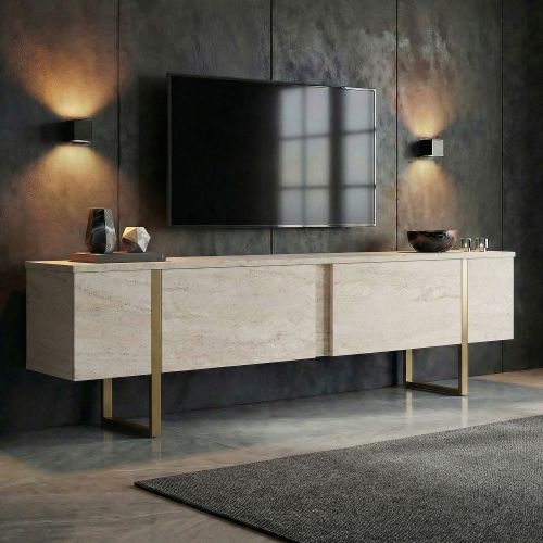 Mobile Porta tv Bianco Marmo oro 2 Ante 2 Vani 180x30x50h cm, Apertura a Ribalta - Abishia
