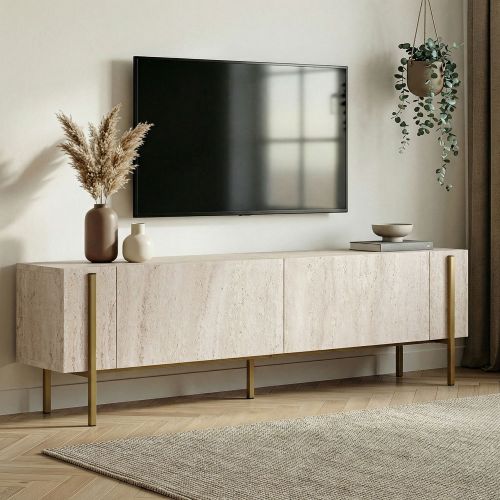 Mobile Porta tv Bianco Marmo oro 2 Ante 4 Vani 180x30x45h cm, Apertura a Ribalta - Noga