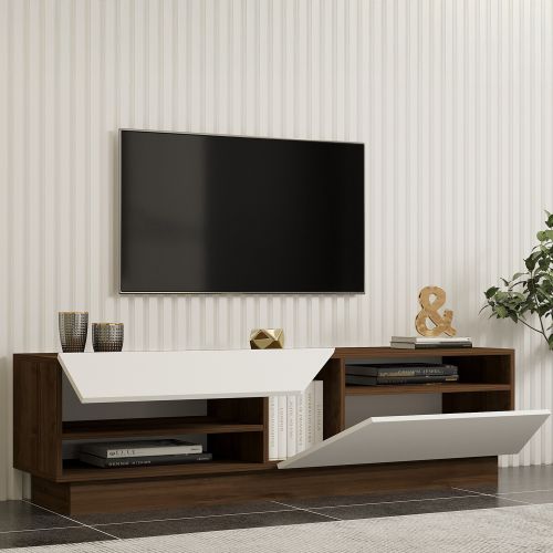 Mobile Porta tv Bianco Marrone Noce 2 Ripiani 5 Vani 160x40x45h cm, 2 Ante - Spilinga