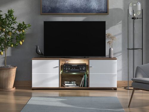 Mobile Porta tv Bianco Marrone Noce 4 Ripiani 2 Ante 157x40x59.5h cm, Ripiano in Vetro - Cedegolo