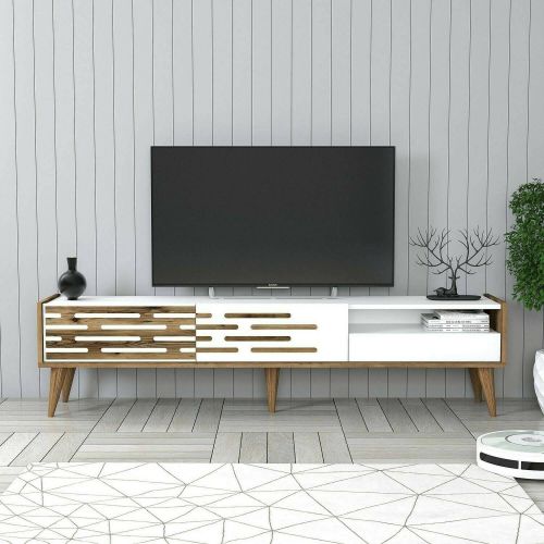 Mobile Porta tv Bianco Marrone Noce un Ripiano 3 Ante 180x45x35h cm, 2 Vani - Upana