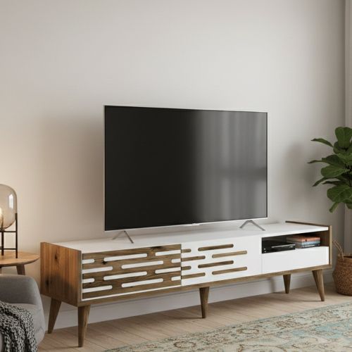 Mobile Porta tv Bianco Marrone Noce un Ripiano 3 Ante 180x45x35h cm, 2 Vani - Upana
