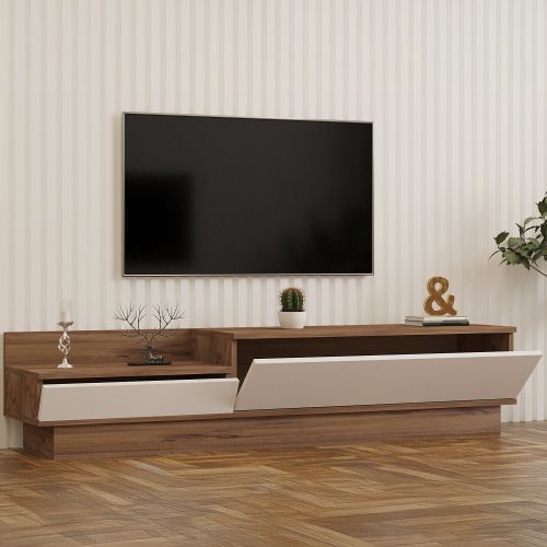 Mobile Porta tv Bianco Marrone Rovere 2 Ante 2 Vani 160x35x35h cm, Apertura a Ribalta - Persico