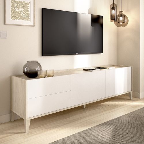 Mobile Porta tv Bianco Marrone Rovere 2 Cassetti un Ripiano 39x129x50h cm, 2 Ante - Waynes