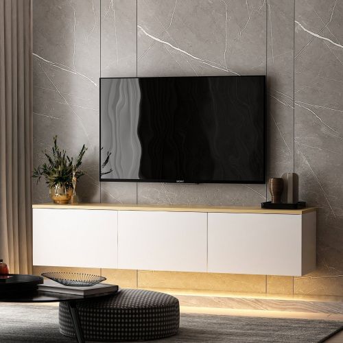 Mobile Porta tv Bianco Marrone Rovere 3 Ante Luci led Incluse 160x32x35h cm, 3 Vani - Marazzi
