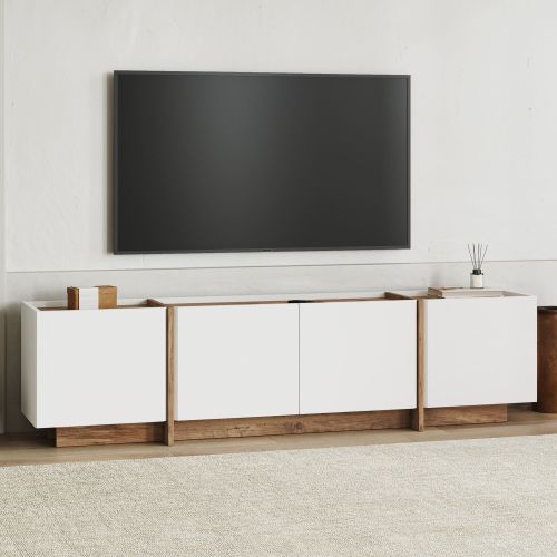 Mobile Porta tv Bianco Marrone Rovere 4 Ante 4 Vani 180x35x46h cm, Apertura a Ribalta - Nokadaka