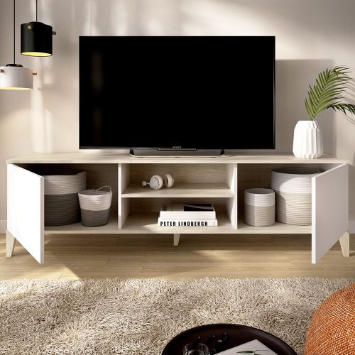 Mobile Porta tv Bianco Marrone Rovere 5 Ripiani 2 Ante 40x150x48h cm, con Piedini - Altus