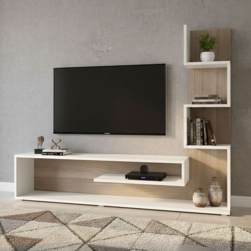Mobile Porta tv Bianco Marrone Rovere 5 Ripiani Cassetti 29.5x22x120.8h cm, 4 Vani - Armeno