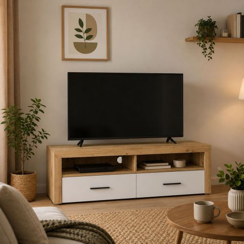 Mobile Porta tv Bianco Marrone Rovere Nodi 2 Cassetti 3 Ripiani 155x50x48h cm, 2 Vani - Lilazafa
