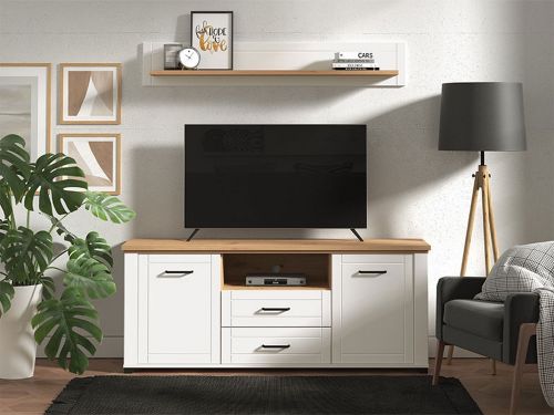 Mobile Porta tv Bianco Marrone Rovere Nodi 2 Cassetti 4 Ripiani 161x41x66.5h cm, 2 Ante - Rotondi