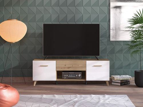 Mobile Porta tv Bianco Marrone Rovere Nodi un Cassetto un Ripiano 147.5x41.5x49h cm, 2 Ante - Morengo