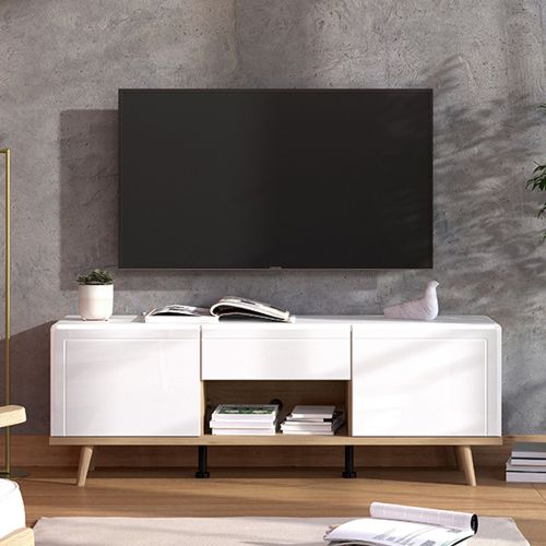 Mobile Porta tv Bianco Marrone Rovere Nodi un Cassetto un Ripiano 154x40x55h cm, 2 Ante - Stra