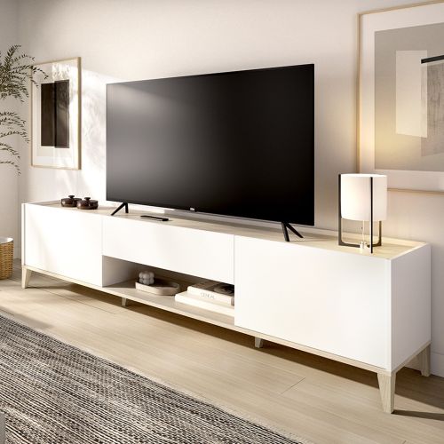 Mobile Porta tv Bianco Marrone Rovere un Cassetto 4 Ripiani 39x197x50h cm, 2 Ante - Yreka