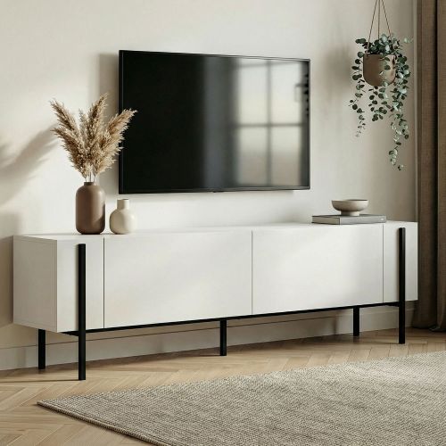 Mobile Porta tv Bianco Nero 2 Ante 4 Vani 180x30x45h cm, Apertura a Ribalta - Noga