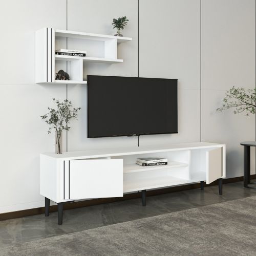 Mobile Porta tv Bianco Nero 3 Ripiani 2 Ante 140x30x45h cm, con Mensola Inclusa - Tusa