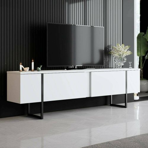 Mobile Porta tv Bianco Nero Cassetti un Ripiano 180x30x50h cm, 2 Ante - Abishia