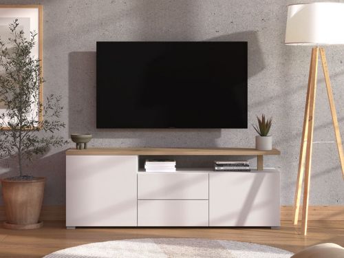Mobile Porta tv Bianco Opaco Marrone Rovere 2 Cassetti 2 Ripiani 154x40x55.5h cm, Apertura Battente, Scorrevole - Melzo