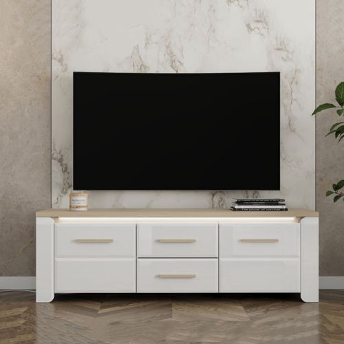 Mobile Porta tv Bianco Opaco Marrone Rovere 2 Cassetti un Ripiano 154x40x50h cm, 2 Ante - Aramo