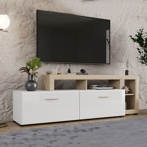 Mobile Porta tv Bianco Opaco Marrone Rovere 5 Ripiani 2 Ante 189x42x61h cm, con Piedini - Casola