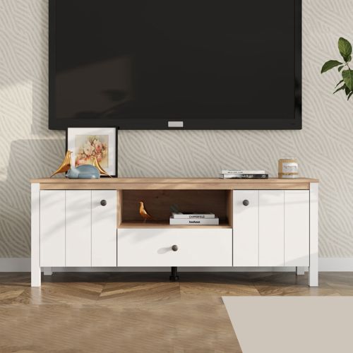 Mobile Porta tv Bianco Opaco Marrone Rovere un Cassetto 2 Ripiani 143x40x53h cm, 2 Ante - Sampe