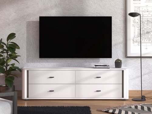 Mobile Porta tv Bianco Opaco Nero 4 Cassetti un Ripiano 176.5x40x52h cm, Apertura Scorrevole - Terenzo