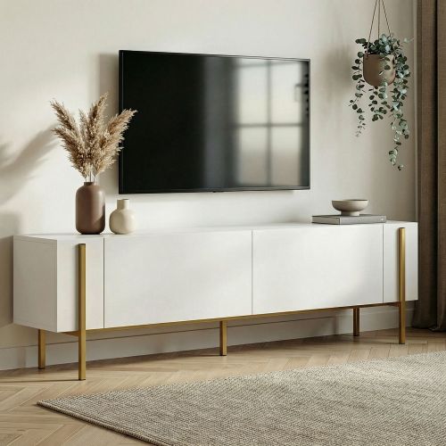 Mobile Porta tv Bianco oro 2 Ante 4 Vani 180x30x45h cm, Apertura a Ribalta - Noga
