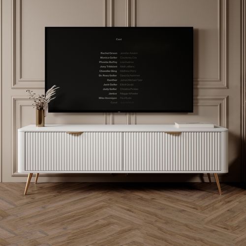 Mobile Porta tv Bianco oro 2 Ripiani 2 Ante 163x38x51h cm, Ante Effetto Rigato con Piedini - Kalase