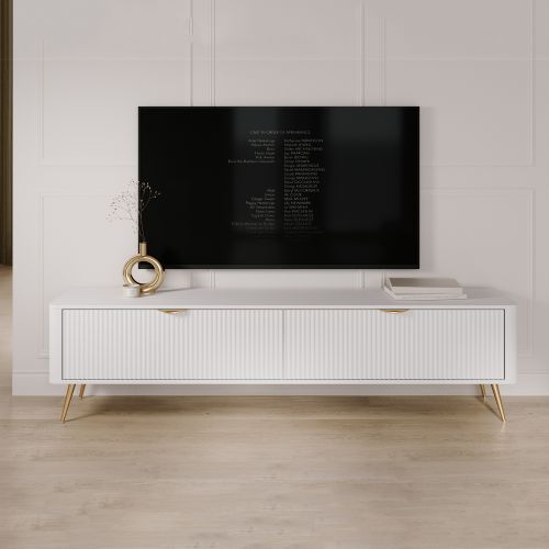 Mobile Porta tv Bianco oro 2 Ripiani 2 Ante 200x38x51h cm, Ante Effetto Rigato con Piedini - Kala