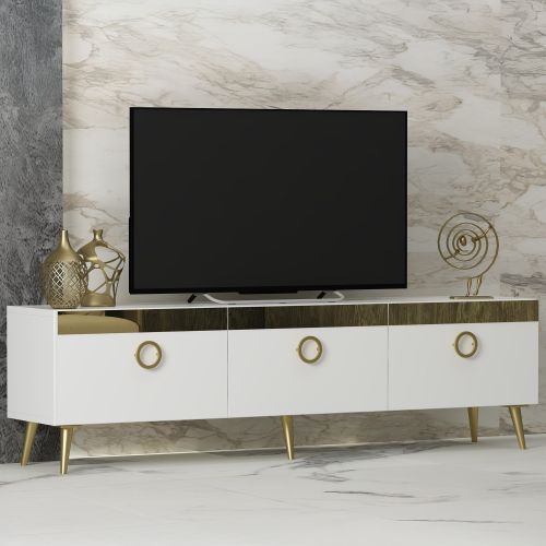 Mobile Porta tv Bianco oro 3 Ante 3 Vani 150x30x45h cm, Apertura a Ribalta - Fiore