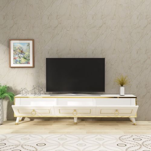 Mobile Porta tv Bianco oro 3 Ante 3 Vani 180x30x45h cm, Apertura a Ribalta - Liberi