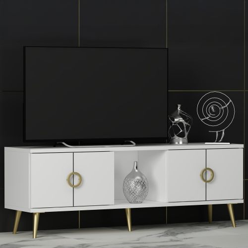 Mobile Porta tv Bianco oro 4 Ante 3 Vani 120x30x45h cm, Apertura a Ribalta - Ravarino