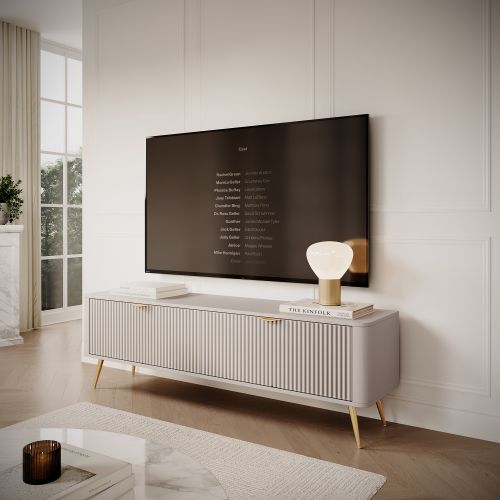 Mobile Porta tv Bianco oro un Ripiano 2 Ante 163x38x51h cm, Ante Effetto Rigato con Piedini - Kalase